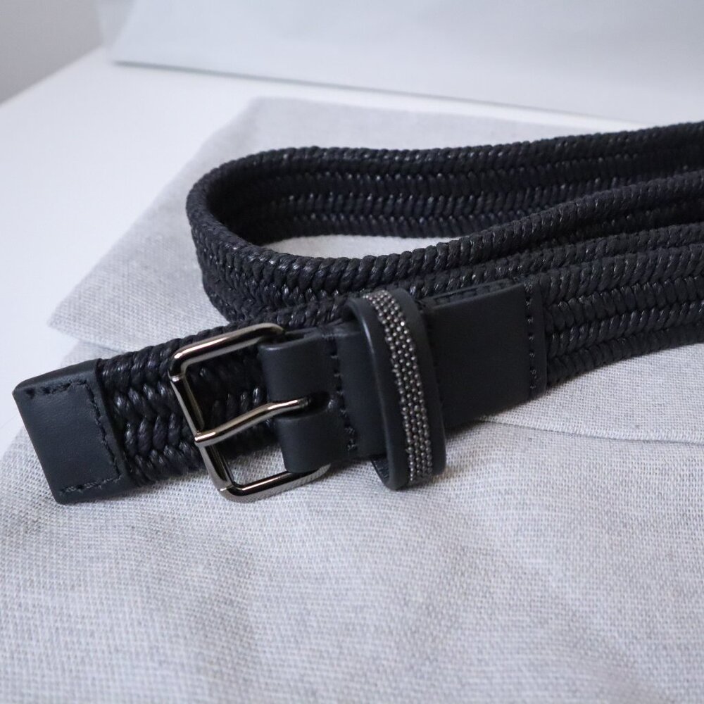 Brunello Cucinelli Belt Black Raffia Monili Leather Trim Stretch Size XL